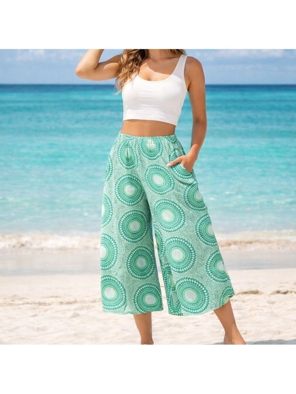 Green White Wide Leg Capri Pants One Size Boho Athliesure Summer